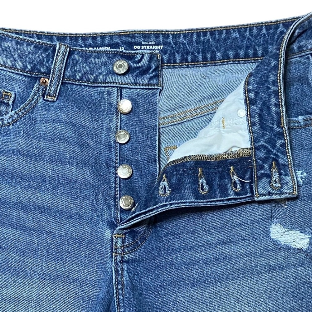 Old Navy OG Straight High Rise Button Fly Distressed Denim Shorts Preppy Blue 12 - Picture 6 of 9